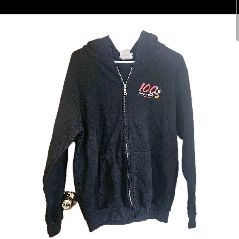 Vintage Walt Disney World Hoodie Full Zip Black 100 Years of Magic Mickey M